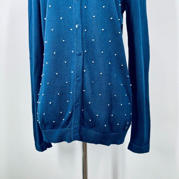 Tommy Hilfiger Cadigan Med Navy Blue White Polka Dot Embroidered Medium Cardigan - Picture 3 of 15